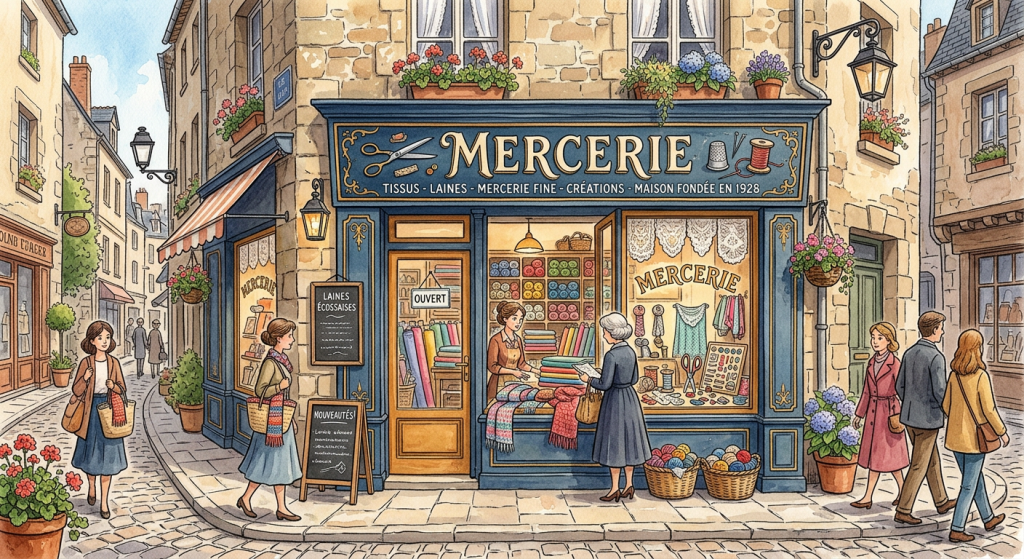 Illustration d'une mercerie avec tissus, laines et fournitures de couture