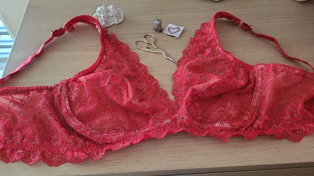 Soutien-gorge Smoothie en dentelle rouge cousu par Sylvie pendant un stage lingerie